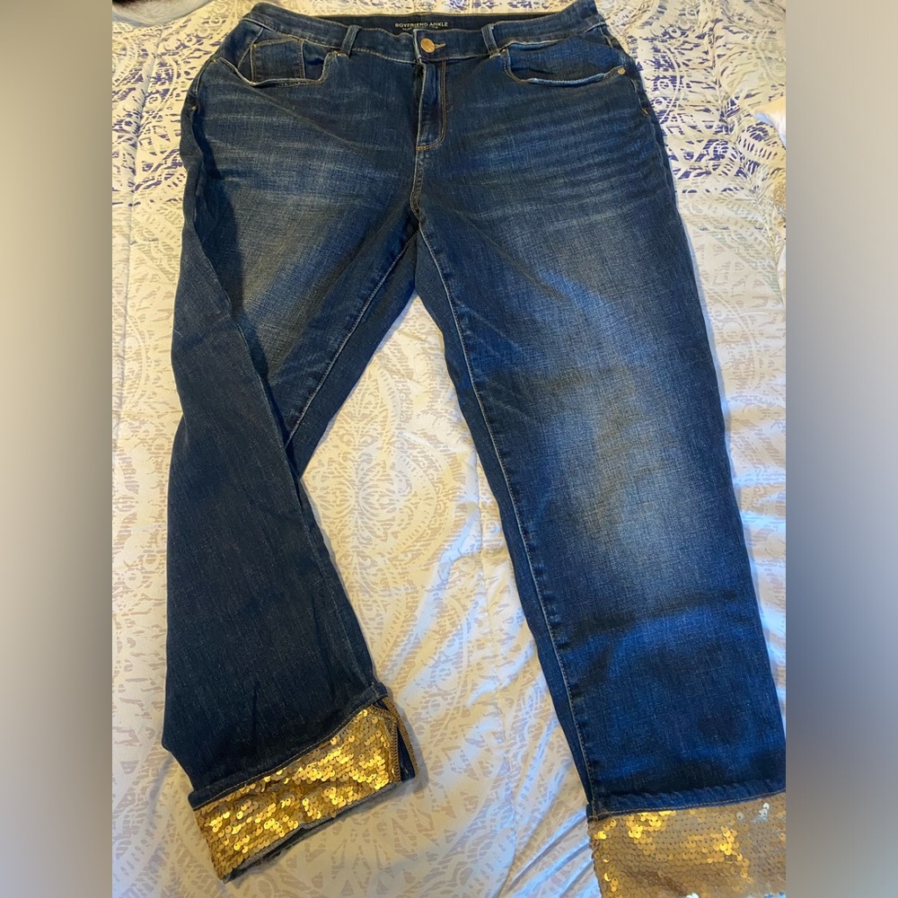 Women’s Dark Blue Jeans with Gold Sequin Cuffs Size 12 Chicos 2